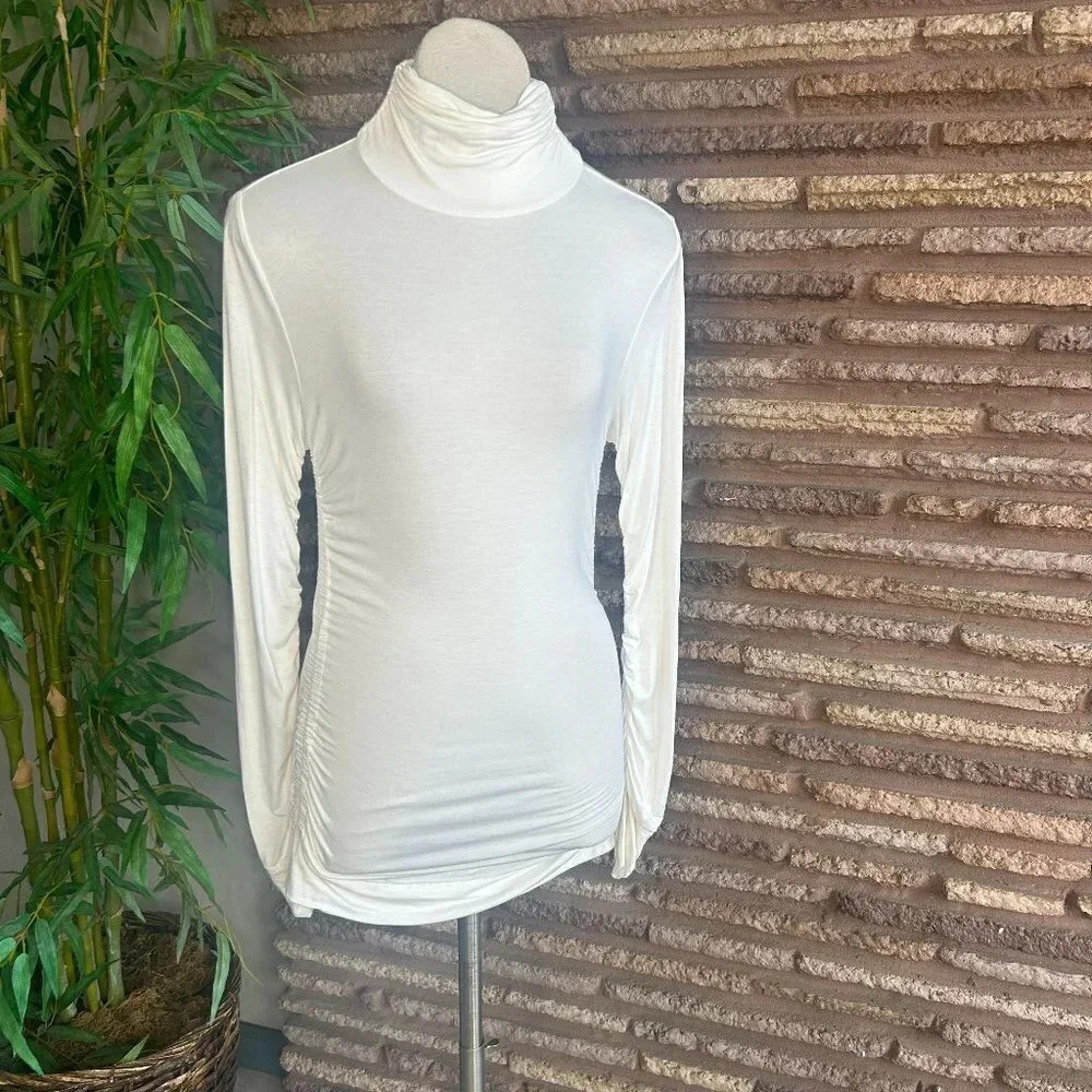 Soft Surroundings White Ruched Turtleneck and Gathered Sides Top